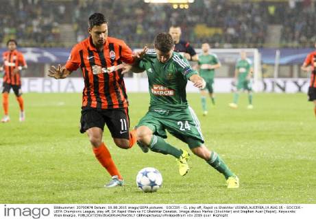 SOCCER - CL play off, Rapid vs Shakhtar VIENNA,AUSTRIA,19.AUG.15 - SOCCER - UEFA Champions League, play off, SK Rapid Wien vs FC Shakhtar Donetsk. Image shows Marlos (Shakhtar) and Stephan Auer (Rapid). Keywords: Wien Energie. GEPAxpictures xPhilippxBrem