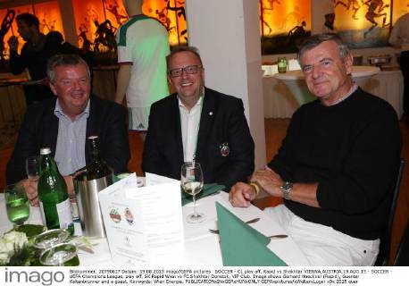 SOCCER - CL play off, Rapid vs Shakhtar VIENNA,AUSTRIA,19.AUG.15 - SOCCER - UEFA Champions League, play off, SK Rapid Wien vs FC Shakhtar Donetsk, VIP Club. Image shows Gerhard Hoeckner (Rapid), Guenter Kaltenbrunner and a guest. Keywords: Wien Energie. GEPAxpictures xWalterxLuger