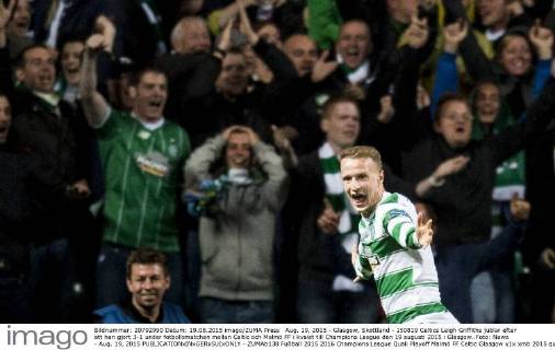 Aug. 19, 2015 - Glasgow, Skottland - 150819 Celtics Leigh Griffiths jublar efter att han gjort 3-1 under fotbollsmatchen mellan Celtic och Malmö FF i kvalet till Champions League den 19 augusti 2015 i Glasgow..Foto: News - Aug. 19, 2015 - ZUMAb138