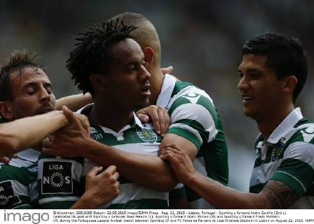 Aug. 22, 2015 - Lisbon, Portugal - Sporting s forward Andre Carrillo (2nd L) celebrates his goal with Sporting s defender Joao Pereira (L), Sporting s forward Islam Slimani (B) and Sporting s forward Fredy Montero (R) during the Portuguese League football match between Sporting CP and FC Pacos de Ferreira at Jose Alvalade Stadium in Lisbon on August 22, 2015. NURPHOTO CARLOS PALMA. FBL-LIGA-POR-SPORTING-PACOS - ZUMAn230