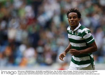 Aug. 22, 2015 - Lisbon, Portugal - Sporting s forward Andre Carrillo celebrates his goal during the Portuguese League football match between Sporting CP and FC Pacos de Ferreira at Jose Alvalade Stadium in Lisbon on August 22, 2015. NURPHOTO CARLOS PALMA. FBL-LIGA-POR-SPORTING-PACOS - ZUMAn230