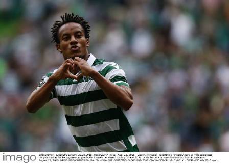 Aug. 22, 2015 - Lisbon, Portugal - Sporting s forward Andre Carrillo celebrates his goal during the Portuguese League football match between Sporting CP and FC Pacos de Ferreira at Jose Alvalade Stadium in Lisbon on August 22, 2015. NURPHOTO CARLOS PALMA. FBL-LIGA-POR-SPORTING-PACOS - ZUMAn230