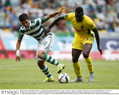 Aug. 22, 2015 - Lisbon, Portugal - Sporting s forward Fredy Montero (L) vies for the ball with Pacos Ferreira s midfielder Pele (R) during the Portuguese League football match between Sporting CP and FC Pacos de Ferreira at Jose Alvalade Stadium in Lisbon on August 22, 2015. NURPHOTO CARLOS PALMA. FBL-LIGA-POR-SPORTING-PACOS - ZUMAn230