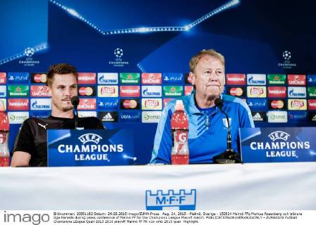 Aug. 24, 2015 - Malmö, Sverige - 150824 Malmö FFs Markus Rosenberg och tränare Age Hareide during press conference of Malmö FF for the Champions League Playoff match.  - ZUMAb138