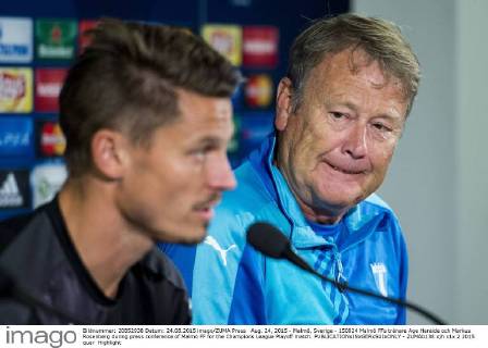 Aug. 24, 2015 - Malmö, Sverige - 150824 Malmö FFs tränare Age Hareide och Markus Rosenberg during press conference of Malmö FF for the Champions League Playoff match.  - ZUMAb138