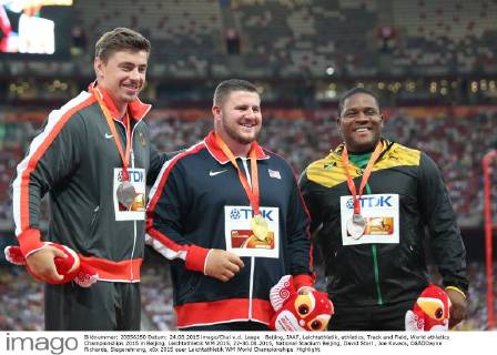 Beijing, IAAF, Leichtathletik, athletics, Track and Field, World athletics Championships 2015 in Beijing, Leichtathletik WM 2015, 22-30.08.2015, National Stadium Beijing, David Storl , Joe Kovacs, OâÄ™Dayne Richards, Siegerehrung,
