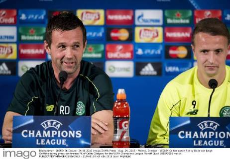 Aug. 24, 2015 - Malmö, Sverige - 150824 Celtics coach Ronny Deila och Leigh Griffiths during press conference PK of Celtic Glasgow for the UEFA Champions League Playoff Quali 2015 2016 match.  - ZUMAb138