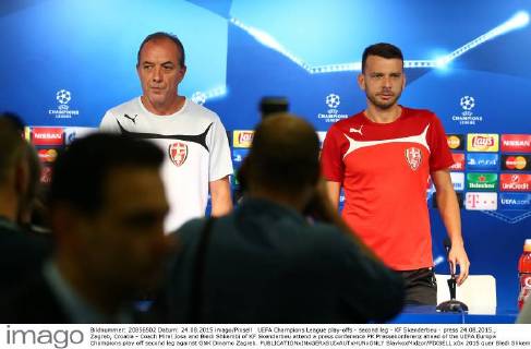 UEFA Champions League play-offs - second leg - KF Skenderbeu - press 24.08.2015., Zagreb, Croatia - Coach Mirel Josa and Bledi Shkembi of KF Skenderbeu attend a press conference PK Pressekonferenz ahead of the UEFA Europa Champions play off second leg against GNK Dinamo Zagreb. SlavkoxMidzor PIXSELL