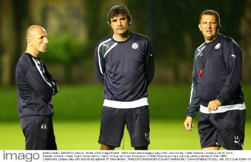 UEFA Champions League play-offs - second leg - GNK Dinamo - training 24.08.2015., Zagreb, Croatia - Head Coach Zoran Mamic, Damir Krznar and Igor Cvitanovic of GNK Dinamo during a training session ahead of their UEFA Champions League play-offs second leg against KF Skenderbeu.  SlavkoxMidzor PIXSELL