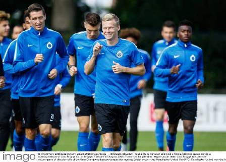 - BRUGGE, BELGIUM: Club s Hans Vanaken and Club s Nikola Storm pictured during a training session of Club Brugge KV, in Brugge, Tuesday 25 August 2015. Tomorrow Belgian first league soccer team Club Brugge will play the return game of the play-offs of the Uefa Champions League competition against British soccer club Manchester United ManU FC. Manchester United won the first leg 3-1. BRUNOxFAHY  x04686798x