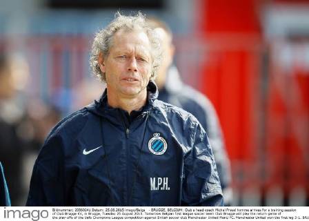 - BRUGGE, BELGIUM: Club s head coach Michel Preud homme arrives for a training session of Club Brugge KV, in Brugge, Tuesday 25 August 2015. Tomorrow Belgian first league soccer team Club Brugge will play the return game of the play-offs of the Uefa Champions League competition against British soccer club Manchester United ManU FC. Manchester United won the first leg 3-1. BRUNOxFAHY  x04686739x