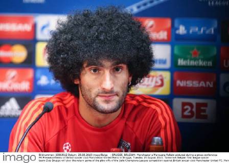 - BRUGGE, BELGIUM: Manchester s Marouane Fellaini pictured during a press conference PK Pressekonferenz of British soccer club Manchester United ManU in Brugge, Tuesday 25 August 2015. Tomorrow Belgian first league soccer team Club Brugge will play the return game of the play-offs of the Uefa Champions League competition against British soccer club Manchester United FC. Manchester United won the first leg 3-1. BRUNOxFAHY  x04686929x
