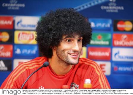 - BRUGGE, BELGIUM: Manchester s Marouane Fellaini pictured during a press conference PK Pressekonferenz of British soccer club Manchester United ManU in Brugge, Tuesday 25 August 2015. Tomorrow Belgian first league soccer team Club Brugge will play the return game of the play-offs of the Uefa Champions League competition against British soccer club Manchester United FC. Manchester United won the first leg 3-1. BRUNOxFAHY  x04686934x