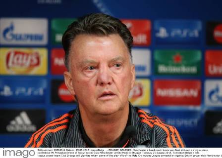- BRUGGE, BELGIUM: Manchester s head coach Louis van Gaal pictured during a press conference PK Pressekonferenz of British soccer club Manchester United ManU in Brugge, Tuesday 25 August 2015. Tomorrow Belgian first league soccer team Club Brugge will play the return game of the play-offs of the Uefa Champions League competition against British soccer club Manchester United FC. Manchester United won the first leg 3-1. BRUNOxFAHY  x04686935x