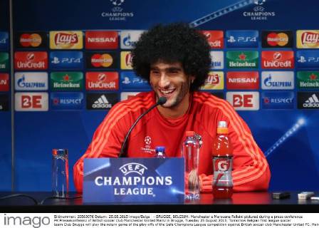 - BRUGGE, BELGIUM: Manchester s Marouane Fellaini pictured during a press conference PK Pressekonferenz of British soccer club Manchester United ManU in Brugge, Tuesday 25 August 2015. Tomorrow Belgian first league soccer team Club Brugge will play the return game of the play-offs of the Uefa Champions League competition against British soccer club Manchester United FC. Manchester United won the first leg 3-1. BRUNOxFAHY  x04686947x