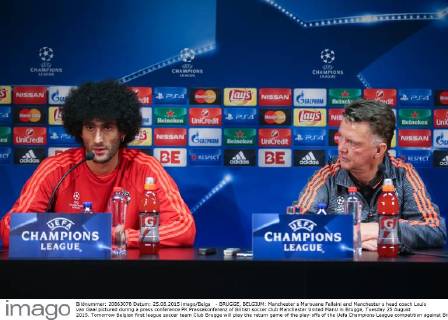 - BRUGGE, BELGIUM: Manchester s Marouane Fellaini and Manchester s head coach Louis van Gaal pictured during a press conference PK Pressekonferenz of British soccer club Manchester United ManU in Brugge, Tuesday 25 August 2015. Tomorrow Belgian first league soccer team Club Brugge will play the return game of the play-offs of the Uefa Champions League competition against British soccer club Manchester United FC. Manchester United won the first leg 3-1. BRUNOxFAHY  x04686949x