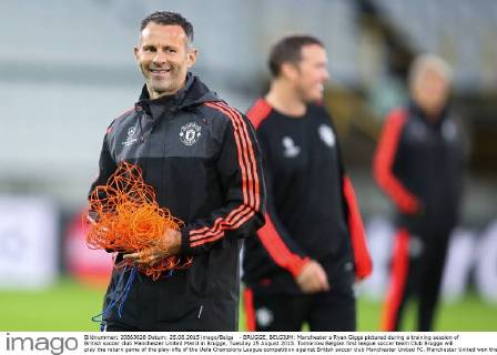 - BRUGGE, BELGIUM: Manchester s Ryan Giggs pictured during a training session of British soccer club Manchester United ManU in Brugge, Tuesday 25 August 2015. Tomorrow Belgian first league soccer team Club Brugge will play the return game of the play-offs of the Uefa Champions League competition against British soccer club Manchester United FC. Manchester United won the first leg 3-1. BRUNOxFAHY  x04687038x