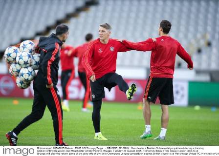- BRUGGE, BELGIUM: Manchester s Bastian Schweinsteiger pictured during a training session of British soccer club Manchester United ManU in Brugge, Tuesday 25 August 2015. Tomorrow Belgian first league soccer team Club Brugge will play the return game of the play-offs of the Uefa Champions League competition against British soccer club Manchester United FC. Manchester United won the first leg 3-1. BRUNOxFAHY  x04687046x