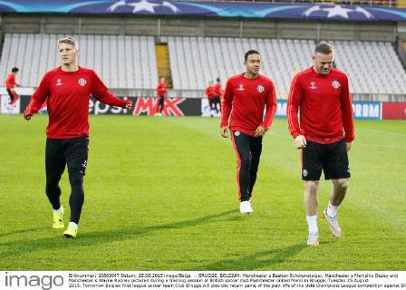 - BRUGGE, BELGIUM: Manchester s Bastian Schweinsteiger, Manchester s Memphis Depay and Manchester s Wayne Rooney pictured during a training session of British soccer club Manchester United ManU in Brugge, Tuesday 25 August 2015. Tomorrow Belgian first league soccer team Club Brugge will play the return game of the play-offs of the Uefa Champions League competition against British soccer club Manchester United FC. Manchester United won the first leg 3-1. BRUNOxFAHY  x04687062x