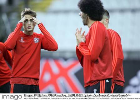 - BRUGGE, BELGIUM: Manchester s Adnan Januzaj and Manchester s Marouane Fellaini pictured during a training session of British soccer club Manchester United ManU in Brugge, Tuesday 25 August 2015. Tomorrow Belgian first league soccer team Club Brugge will play the return game of the play-offs of the Uefa Champions League competition against British soccer club Manchester United FC. Manchester United won the first leg 3-1. BRUNOxFAHY  x04687017x