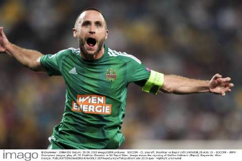 SOCCER - CL play off, Shakhtar vs Rapid LVIV,UKRAINE,25.AUG.15 - SOCCER - UEFA Champions League, play off, FC Shakhtar Donetsk vs SK Rapid Wien. Image shows the rejoicing of Steffen Hofmann (Rapid). Keywords: Wien Energie. GEPAxpictures xPhilippxBrem