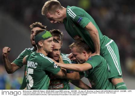 SOCCER - CL play off, Shakhtar vs Rapid LVIV,UKRAINE,25.AUG.15 - SOCCER - UEFA Champions League, play off, FC Shakhtar Donetsk vs SK Rapid Wien. Image shows the rejoicing of Rapid. Keywords: Wien Energie. GEPAxpictures xPhilippxBrem