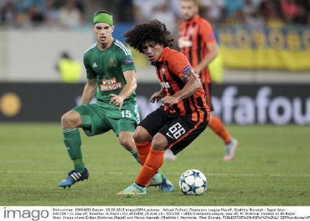 Aktuell Fußball, Champions League Playoff, Shakhtar Donetsk - Rapid Wien SOCCER - CL play off, Shakhtar vs Rapid LVIV,UKRAINE,25.AUG.15 - SOCCER - UEFA Champions League, play off, FC Shakhtar Donetsk vs SK Rapid Wien. Image shows Srdjan Grahovac (Rapid) and Marcio Azevedo (Shakhtar). Keywords: Wien Energie. GEPAxpictures xPhilippxBrem
