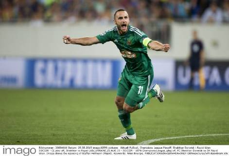 Aktuell Fußball, Champions League Playoff, Shakhtar Donetsk - Rapid Wien SOCCER - CL play off, Shakhtar vs Rapid LVIV,UKRAINE,25.AUG.15 - SOCCER - UEFA Champions League, play off, FC Shakhtar Donetsk vs SK Rapid Wien. Image shows the rejoicing of Steffen Hofmann (Rapid). Keywords: Wien Energie. GEPAxpictures xPhilippxBrem