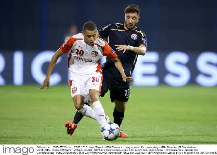 UEFA Champions League play-offs - second leg - GNK Dinamo - KF Skenderbeu 25.08.2015., stadium Maksimir, Zagreb, Croatia - UEFA Champions League play-offs, second leg, GNK Dinamo - KF Skenderbeu. Esquerdinha, Goncalo Santos. IgorxKralj PIXSELL