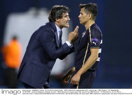 UEFA Champions League play-offs - second leg - GNK Dinamo - KF Skenderbeu 25.08.2015., stadium Maksimir, Zagreb, Croatia - UEFA Champions League play-offs, second leg, GNK Dinamo - KF Skenderbeu. Zoran Mamic, Leonardo Sigali. IgorxKralj PIXSELL