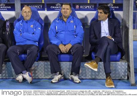 UEFA Champions League play-offs - second leg - GNK Dinamo - KF Skenderbeu 25.08.2015., stadium Maksimir, Zagreb, Croatia - UEFA Champions League play-offs, second leg, GNK Dinamo - KF Skenderbeu. Damir Krznar, Igor Cvitanovic, Zoran Mamic.  MarkoxLukunic PIXSELL