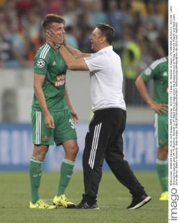 SOCCER - CL play off, Shakhtar vs Rapid LVIV,UKRAINE,25.AUG.15 - SOCCER - UEFA Champions League, play off, FC Shakhtar Donetsk vs SK Rapid Wien. Image shows the disappointment of Philipp Prosenik (Rapid) and head coach Zoran Barisic (Rapid). Keywords: Wien Energie. GEPAxpictures xPhilippxBrem