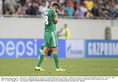 SOCCER - CL play off, Shakhtar vs Rapid LVIV,UKRAINE,25.AUG.15 - SOCCER - UEFA Champions League, play off, FC Shakhtar Donetsk vs SK Rapid Wien. Image shows the disappointment of Philipp Prosenik (Rapid). Keywords: Wien Energie. GEPAxpictures xPhilippxBrem