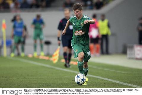 SOCCER - CL play off, Shakhtar vs Rapid LVIV,UKRAINE,25.AUG.15 - SOCCER - UEFA Champions League, play off, FC Shakhtar Donetsk vs SK Rapid Wien. Image shows Stephan Auer (Rapid). Keywords: Wien Energie. GEPAxpictures xPhilippxBrem