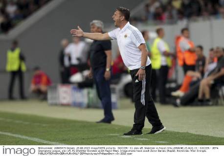 SOCCER - CL play off, Shakhtar vs Rapid LVIV,UKRAINE,25.AUG.15 - SOCCER - UEFA Champions League, play off, FC Shakhtar Donetsk vs SK Rapid Wien. Image shows head coach Zoran Barisic (Rapid). Keywords: Wien Energie. GEPAxpictures xPhilippxBrem