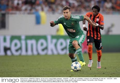 SOCCER - CL play off, Shakhtar vs Rapid LVIV,UKRAINE,25.AUG.15 - SOCCER - UEFA Champions League, play off, FC Shakhtar Donetsk vs SK Rapid Wien. Image shows Louis Schaub (Rapid). Keywords: Wien Energie. GEPAxpictures xPhilippxBrem