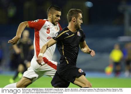 Zagreb, 25.8.2015. - Champions League, Play-Offs 2nd leg, Stadion Maksimir, GNK Dinamo (blue) - KF Skenderbeu (white) 4:1 Ivo PINTO (6) vs Bajram JASHANICA (5)