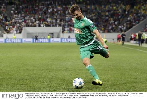 SOCCER - CL play off, Shakhtar vs Rapid LVIV,UKRAINE,25.AUG.15 - SOCCER - UEFA Champions League, play off, FC Shakhtar Donetsk vs SK Rapid Wien. Image shows Philipp Prosenik (Rapid). Keywords: Wien Energie. GEPAxpictures xPhilippxBrem