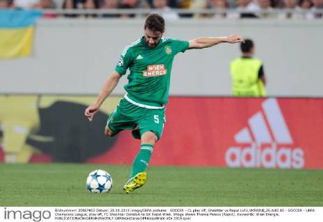 SOCCER - CL play off, Shakhtar vs Rapid LVIV,UKRAINE,25.AUG.15 - SOCCER - UEFA Champions League, play off, FC Shakhtar Donetsk vs SK Rapid Wien. Image shows Thanos Petsos (Rapid). Keywords: Wien Energie. GEPAxpictures xPhilippxBrem