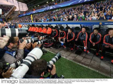 Manchester United ManU s Louis Van Gaal looks on Champions League Play-Off 2nd Leg - Club Brugge vs Manchester United - Jan Breydel Stadium - Belgium - 26th August 2015 - Picture David Klein Sportimage EDITORIAL USE ONLY. No use with unauthorised audio, video, data, fixture lists, club league logos or live services. Online in-match use limited to 120 images, no video emulation. No use in betting, games or single club league player publications.