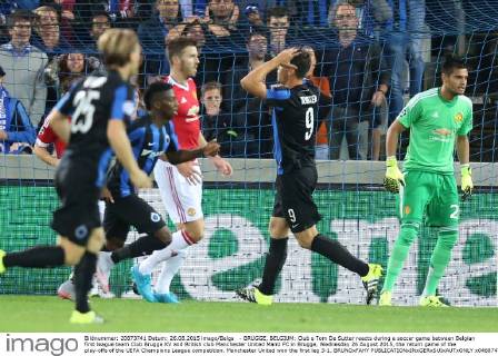 - BRUGGE, BELGIUM: Club s Tom De Sutter reacts during a soccer game between Belgian first league team Club Brugge KV and British club Manchester United ManU FC in Brugge, Wednesday 26 August 2015, the return game of the play-offs of the UEFA Champions League competition. Manchester United won the first leg 3-1. BRUNOxFAHY  x04687477x