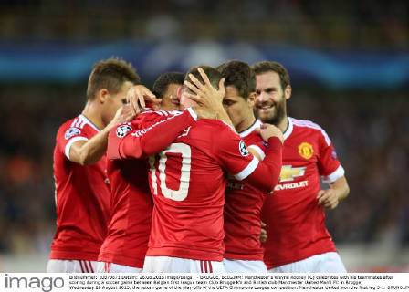 - BRUGGE, BELGIUM: Manchester s Wayne Rooney (C) celebrates with his teammates after scoring during a soccer game between Belgian first league team Club Brugge KV and British club Manchester United ManU FC in Brugge, Wednesday 26 August 2015, the return game of the play-offs of the UEFA Champions League competition. Manchester United won the first leg 3-1. BRUNOxFAHY  x04687506x