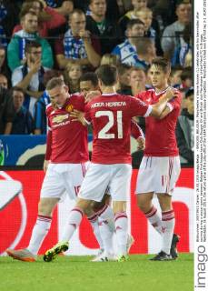 - BRUGGE, BELGIUM: Manchester s Wayne Rooney (L) celebrates with his teammates after scoring during a soccer game between Belgian first league team Club Brugge KV and British club Manchester United ManU FC in Brugge, Wednesday 26 August 2015, the return game of the play-offs of the UEFA Champions League competition. Manchester United won the first leg 3-1. KURTxDESPLENTER x04687517x