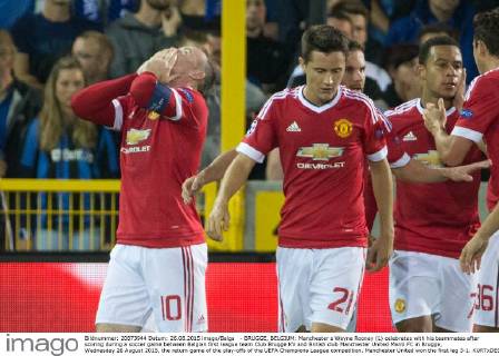 - BRUGGE, BELGIUM: Manchester s Wayne Rooney (L) celebrates with his teammates after scoring during a soccer game between Belgian first league team Club Brugge KV and British club Manchester United ManU FC in Brugge, Wednesday 26 August 2015, the return game of the play-offs of the UEFA Champions League competition. Manchester United won the first leg 3-1. KURTxDESPLENTER x04687516x