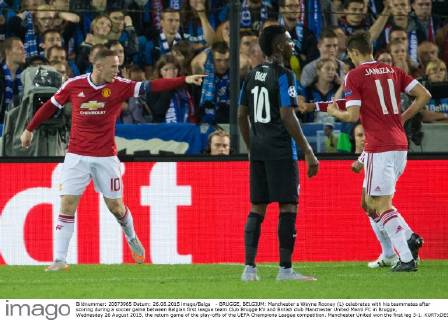 - BRUGGE, BELGIUM: Manchester s Wayne Rooney (L) celebrates with his teammates after scoring during a soccer game between Belgian first league team Club Brugge KV and British club Manchester United ManU FC in Brugge, Wednesday 26 August 2015, the return game of the play-offs of the UEFA Champions League competition. Manchester United won the first leg 3-1. KURTxDESPLENTER x04687523x