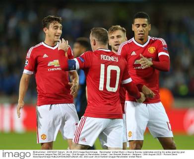 Manchester United ManU s Wayne Rooney celebrates scoring his sides opening goal Champions League Play-Off 2nd Leg - Club Brugge vs Manchester United - Jan Breydel Stadium - Belgium - 26th August 2015 - Picture David Klein Sportimage EDITORIAL USE ONLY. No use with unauthorised audio, video, data, fixture lists, club league logos or live services. Online in-match use limited to 120 images, no video emulation. No use in betting, games or single club league player publications.