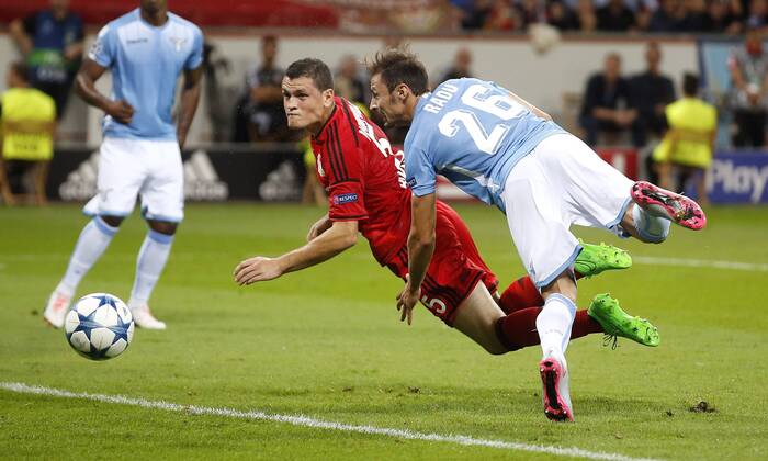 Kyriakos Papadopoulos (Bayer 04 Leverkusen) (L) against Stefan Radu (Lazio Rom) during the Championsleague Qualification between Bayer 04 Leverkusen and Lazio Rom, Bayarena in Leverkusen on August 26., 2015. Bayer 04 Leverkusen vs. Lazi Rom in der Qualifikation der Champions League der Saison 2015 2016 am 26. August 2015.