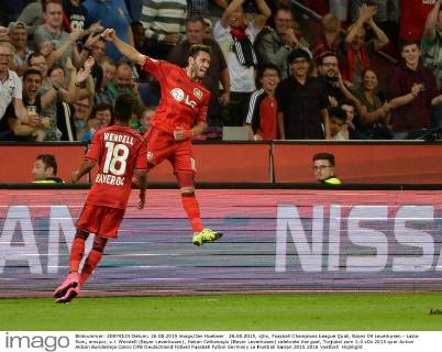 26.08.2015, xjhx, Fussball Champions League Quali, Bayer 04 Leverkusen - Lazio Rom, emspor, v.l. Wendell (Bayer Leverkusen), Hakan Calhanoglu (Bayer Leverkusen) celebrate the goal, Torjubel zum 1:0