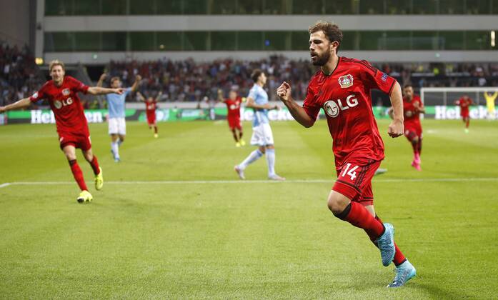 Admir Mehmedi (Bayer 04 Leverkusen) (R) celebrates scoring the 2:0 during the Championsleague Qualification between Bayer 04 Leverkusen and Lazio Rom, Bayarena in Leverkusen on August 26., 2015. Bayer 04 Leverkusen vs. Lazi Rom in der Qualifikation der Champions League der Saison 2015 2016 am 26. August 2015.