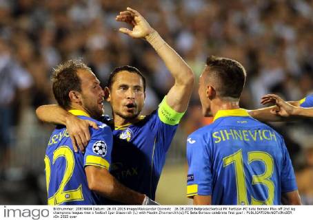 26.08.2015 Belgrade(Serbia) FK Partizan-FC bate Borisov Play off 2nd leg champions league men s football Igor Stasevich (L) with Maxim Zhavnerchik(c) FC Bate Borisov celebrate first goal :